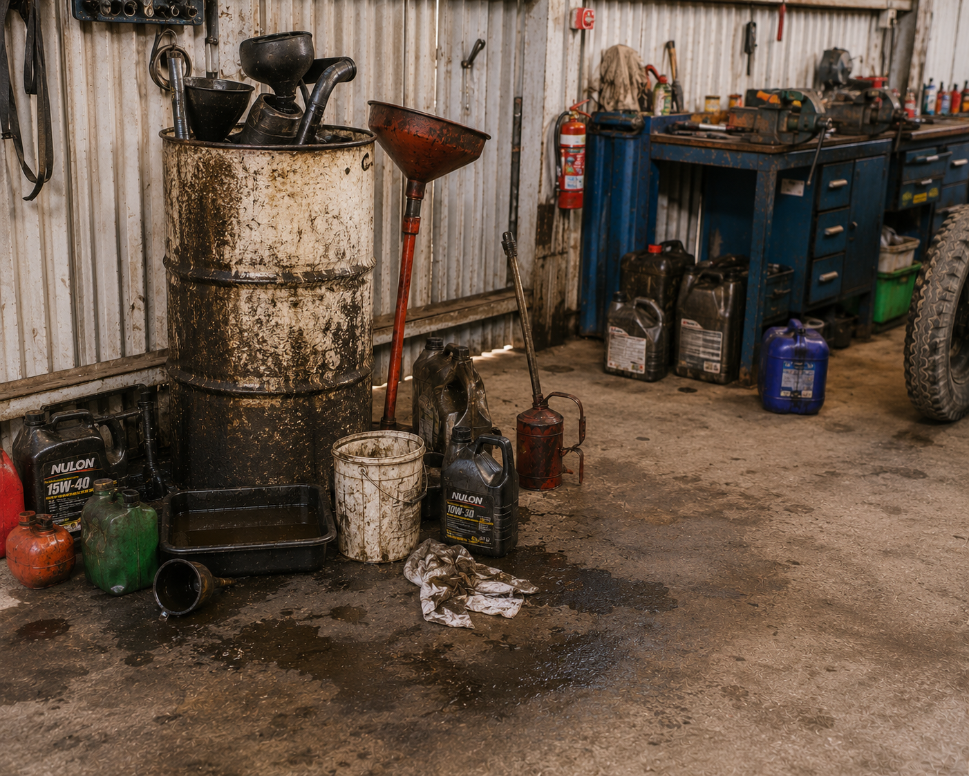 Messy workshop corner with used oil drums, funnels, drain pans and spilled oil on the floor before using a Spill Saver IBC funnel