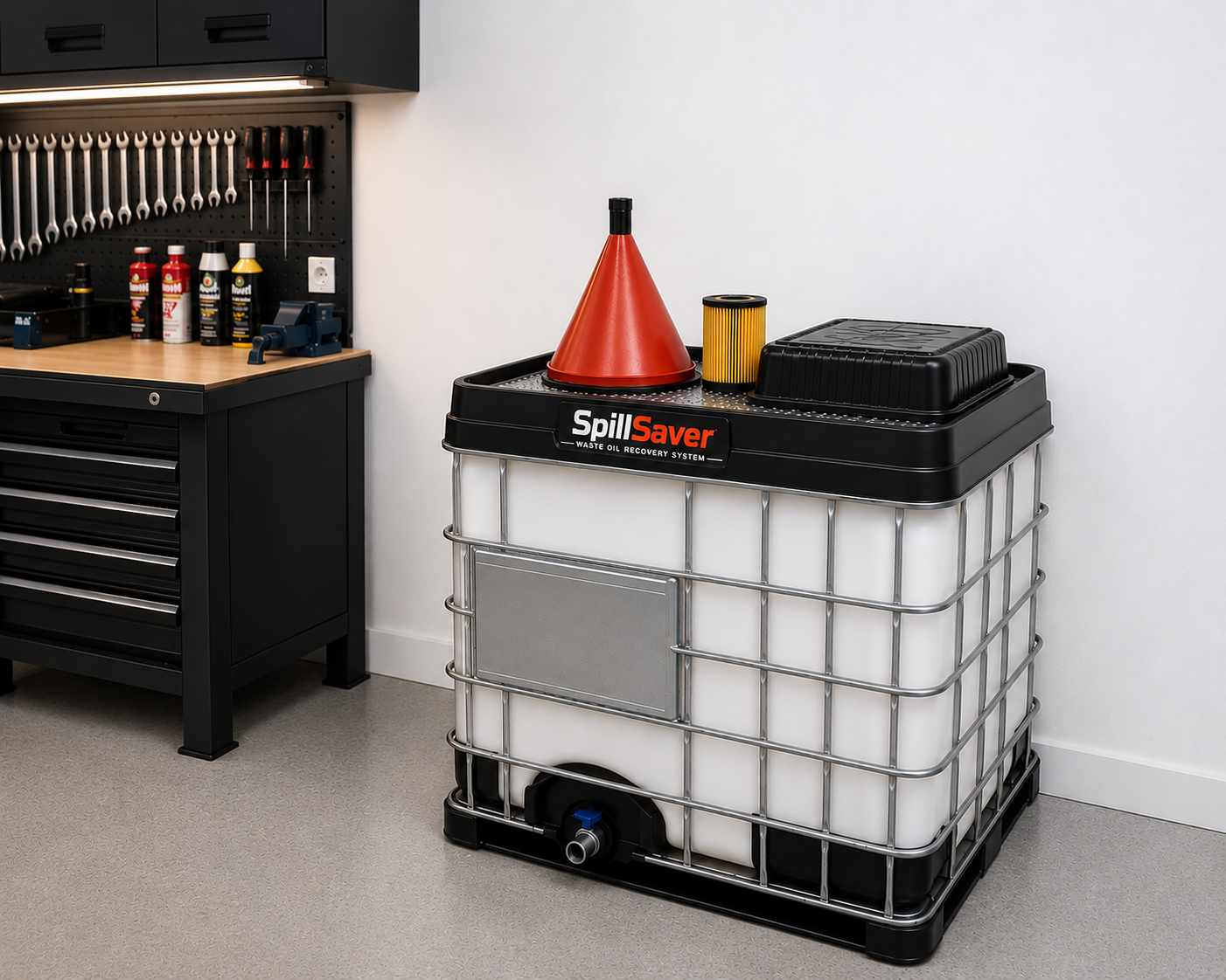 Spill Saver IBC funnel installed on a standard 1000L IBC with a red funnel, oil filter and drain pan sitting on the aluminium grille