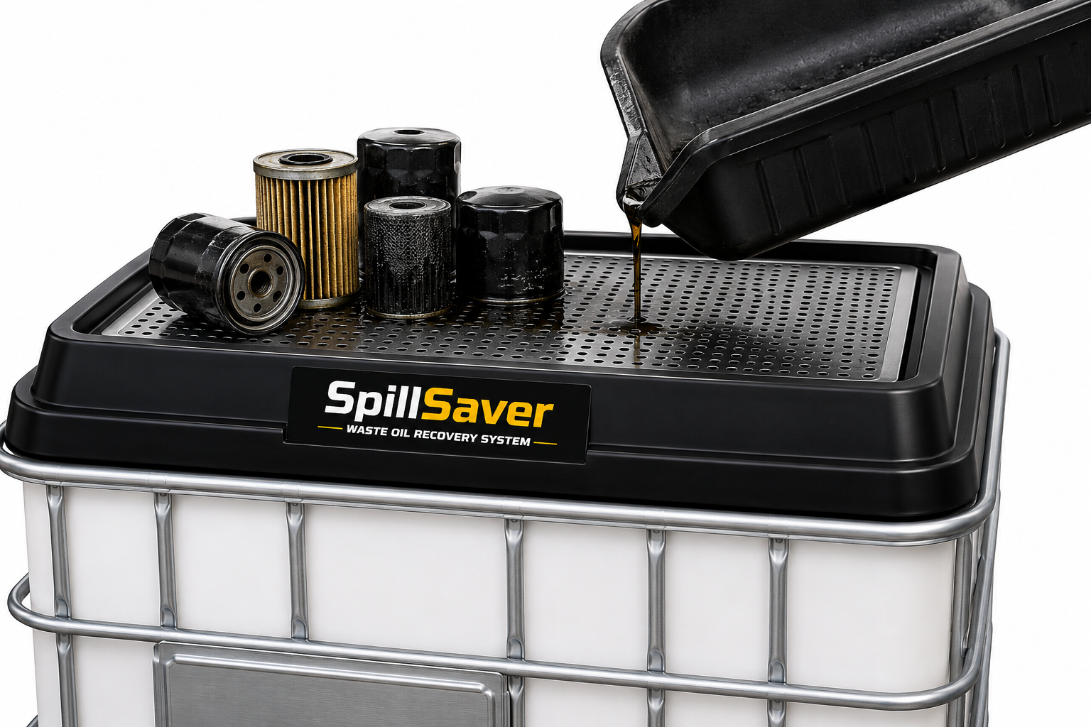 IBC funnel in use — pouring used oil into the Spill Saver IBC funnel tray